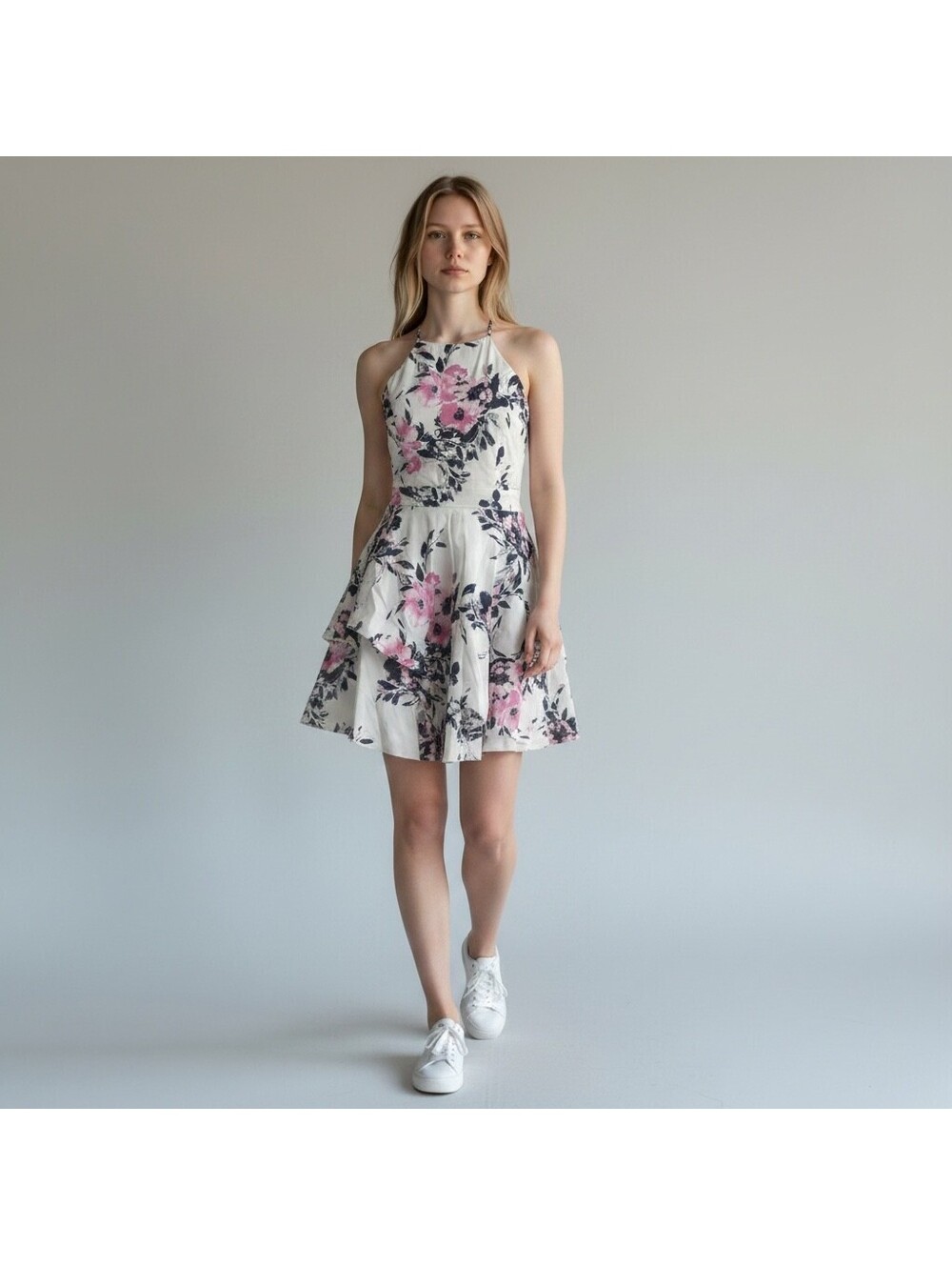Speechless Junior's Floral Fit and Flare Dress, Pink/Black Size 11- New